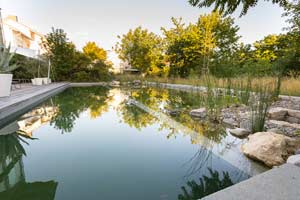 Auf der Holzterrasse an Ihrem Schwimmteich können Sie im Sommer unter Sonnenschirmen und blauem Himmel entspannen.